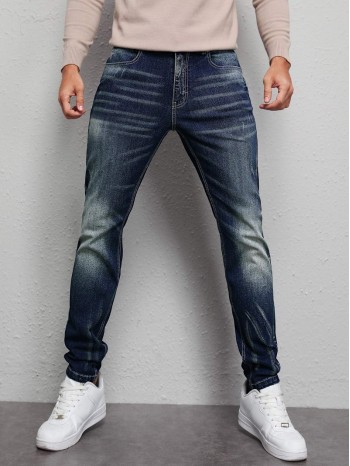 Men Slant Pocket Washed Straight Leg Jeans