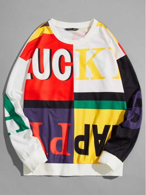 Men Colour Block Letter Graphic Drop Shoulder Sweatshirt