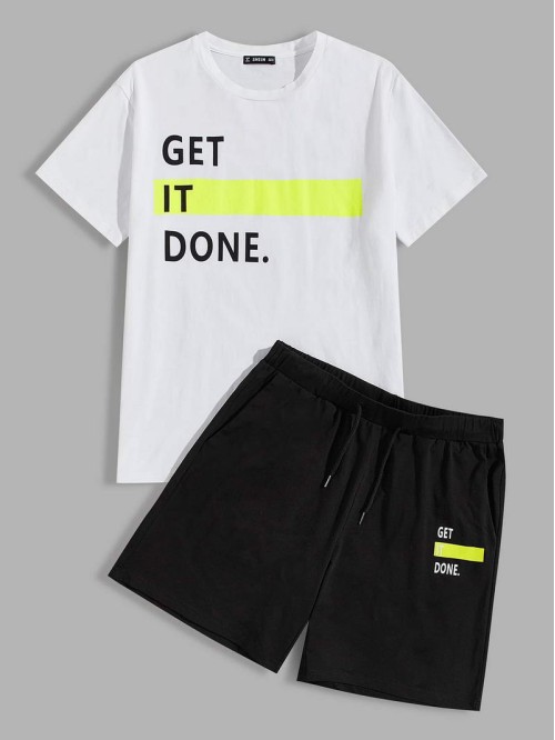 Men Slogan Graphic Neon Panel Tee and Track Shorts Set