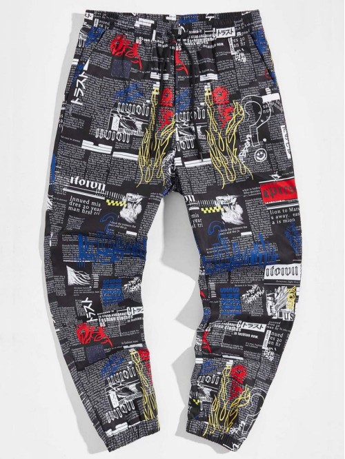 Men Newspaper Print Drawstring Waist Pants