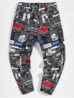 Men Newspaper Print Drawstring Waist Pants