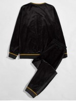 Men Letter Embroidery Velvet Pullover & Sweatpants Set