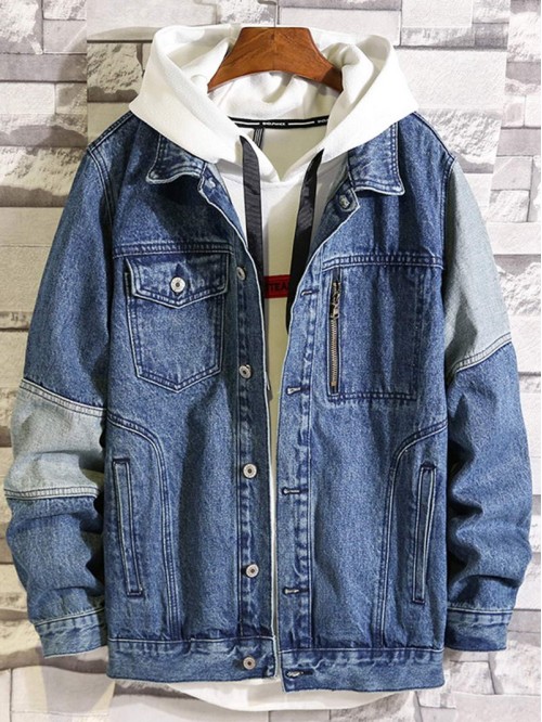 Men Snow Wash Single Breasted Denim Jacket Without Hoodie