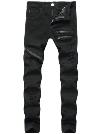 Men Ripped Zipper Detail Skinny Jeans