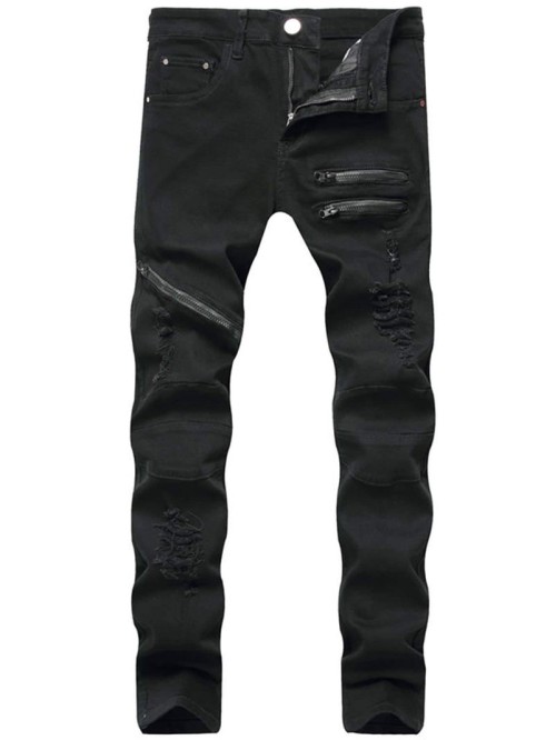 Men Ripped Zipper Detail Skinny Jeans