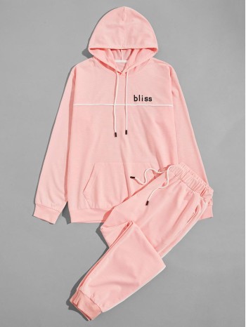 Men Letter Graphic Drawstring Hoodie & Sweatpants