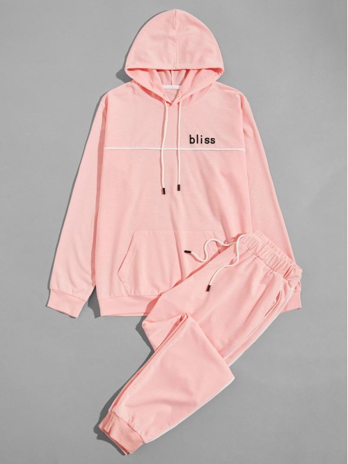 Men Letter Graphic Drawstring Hoodie & Sweatpants