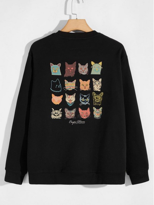 Men Cat And Letter Graphic Sweatshirt