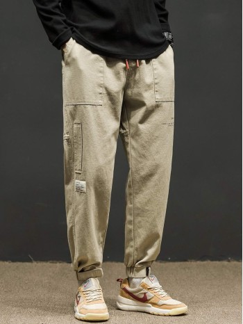 Men Letter Patched Slant Pocket Sweatpants