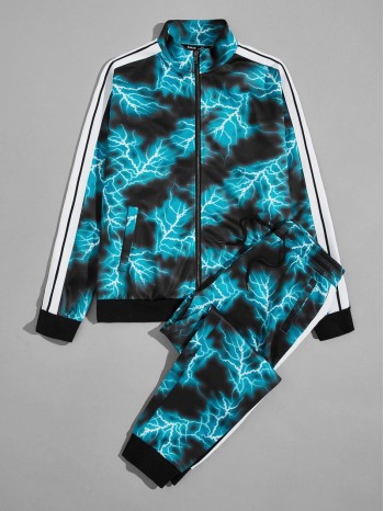 Men Zip Up Striped Tape Side Lightning Sweatshirt & Sweatpants Set