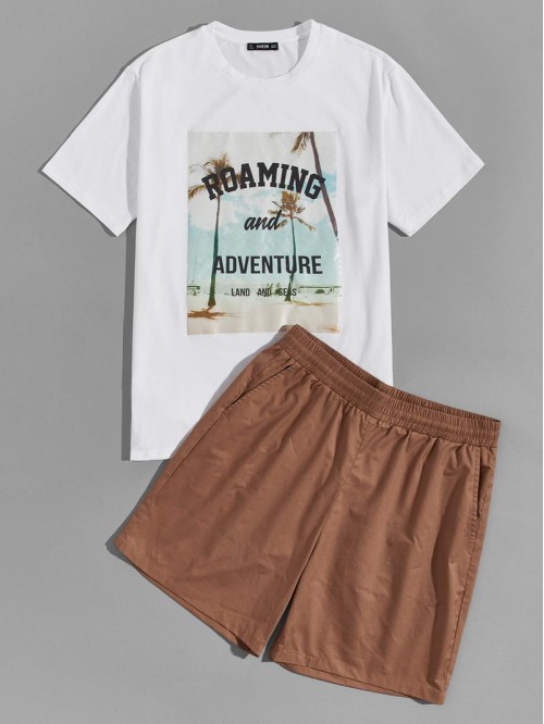 Men Slogan & Tropical Print Tee & Shorts Set