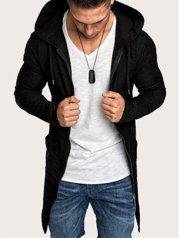 Men Zip Up Drawstring Hooded Sweatshirt