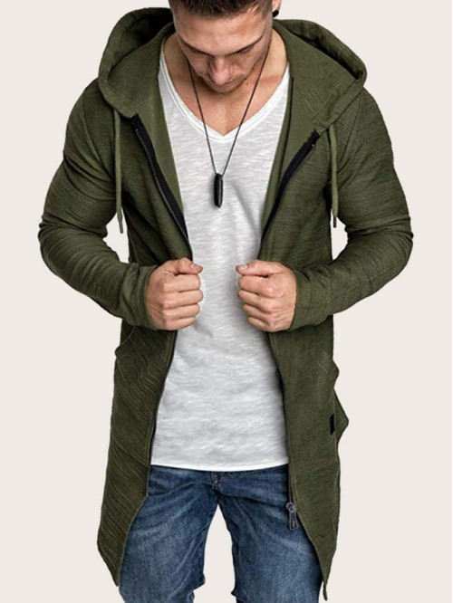 Men Zip Up Drawstring Hooded Sweatshirt