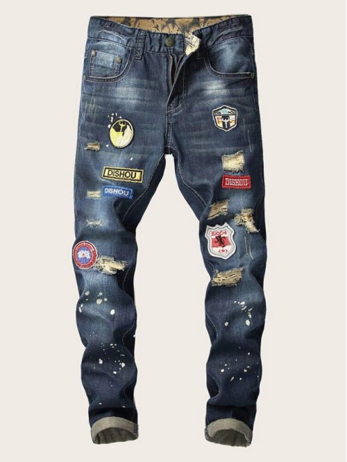 Men Paint Splatter Patched Jeans