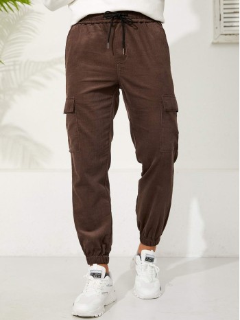 Men Flap Pocket Drawstring Waist Corduroy Pants