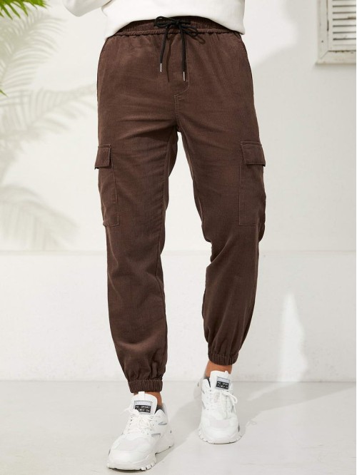 Men Flap Pocket Drawstring Waist Corduroy Pants