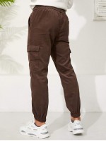 Men Flap Pocket Drawstring Waist Corduroy Pants