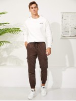 Men Flap Pocket Drawstring Waist Corduroy Pants