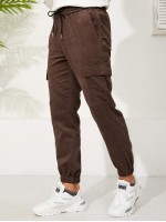 Men Flap Pocket Drawstring Waist Corduroy Pants