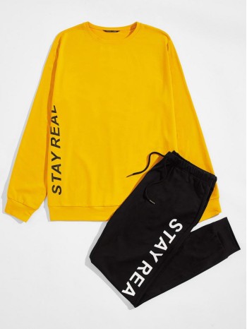 Men Letter Graphic Pullover and Drawstring Waist Joggers Set