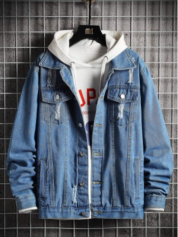 Men Ripped Flap Pocket Denim Trucker Jacket