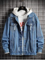 Men Ripped Flap Pocket Denim Trucker Jacket