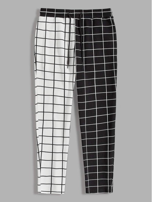 Men Drawstring Waist Spliced Plaid Pants