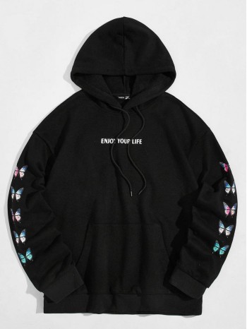 Men Slogan and Butterfly Print Hoodie