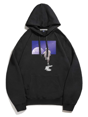 Men Cartoon Graphic Kangaroo Pocket Drawstring Hoodie