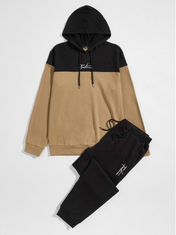 Men Colorblock Letter Embroidered Drawstring Hoodie & Joggers Set