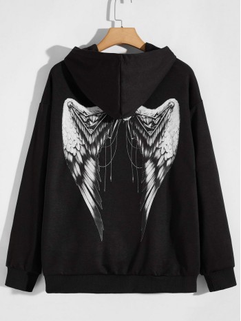 Men Wing Print Drop Shoulder Drawstring Hoodie