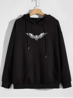 Men Wing Print Drop Shoulder Drawstring Hoodie