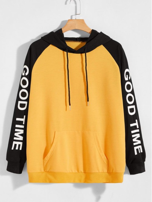 Men Colorblock Letter Graphic Kangaroo Pocket Drawstring Hoodie