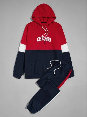 Men Colorblock Letter Graphic Kangaroo Pocket Drawstring Hoodie & Sweatpants