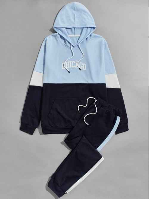 Men Colorblock Letter Graphic Kangaroo Pocket Drawstring Hoodie & Sweatpants