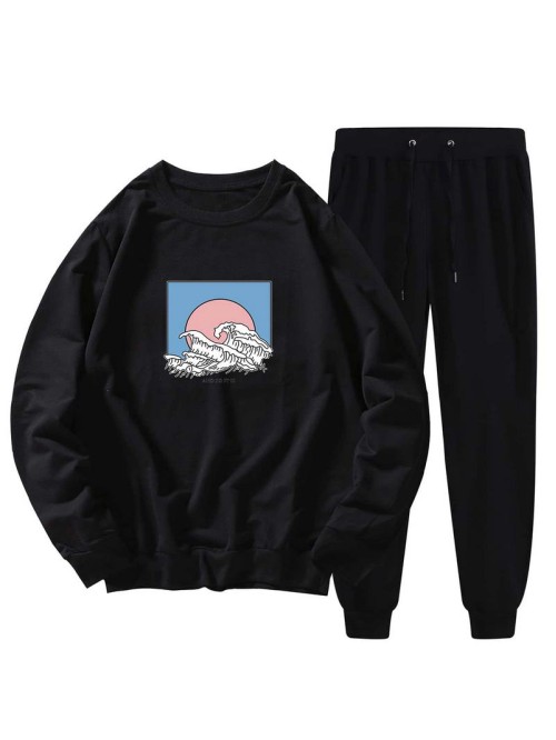 Men Graphic Print Sweatshirt & Drawstring Sweatpants