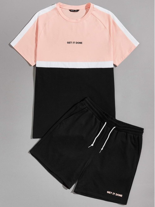 Men Raglan Sleeve Slogan Graphic Colorblock Top & Track Shorts Set