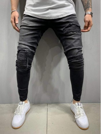 Men Ribbed Knee Slant Pocket Jeans