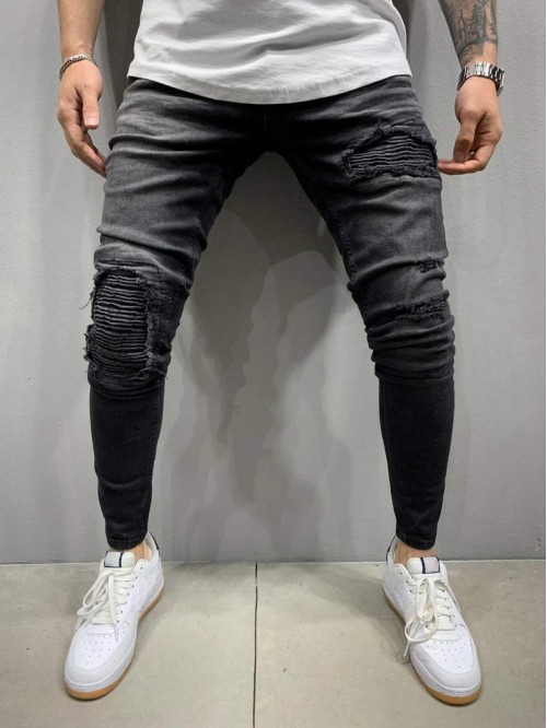 Men Ribbed Knee Slant Pocket Jeans