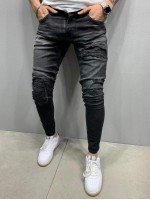 Men Ribbed Knee Slant Pocket Jeans