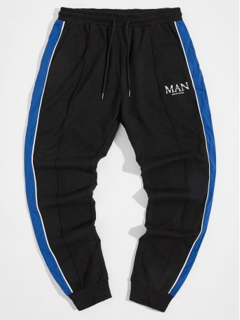 Men Drawstring Waist Contrast Side Seam Front Joggers