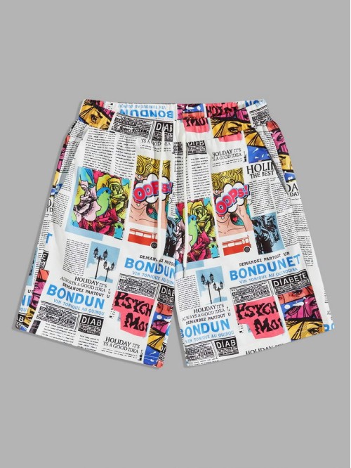 Men Drawstring Waist Newspaper Print Shorts