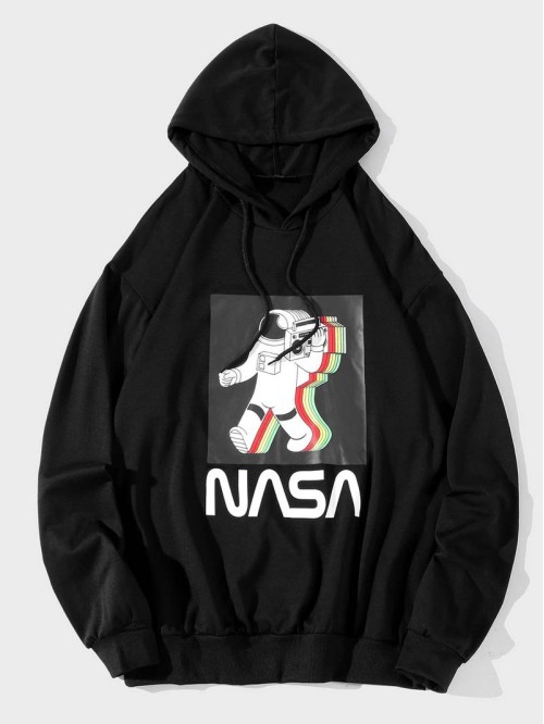 Men Astronaut And Letter Graphic Drawstring Hoodie