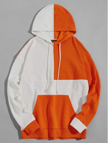 Men Colorblock Drop Shoulder Drawstring Hoodie