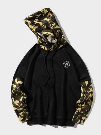 Men Camo Print Drop Shoulder Drawstring Hoodie