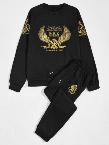 Men Letter And Baroque Print Sweatshirt With Sweatpants