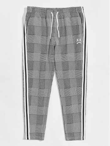 Men Drawstring Waist Striped Tape Side Plaid Pants