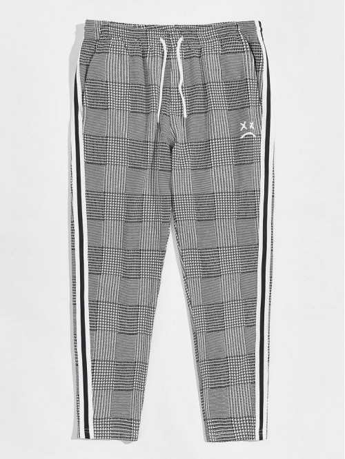 Men Drawstring Waist Striped Tape Side Plaid Pants