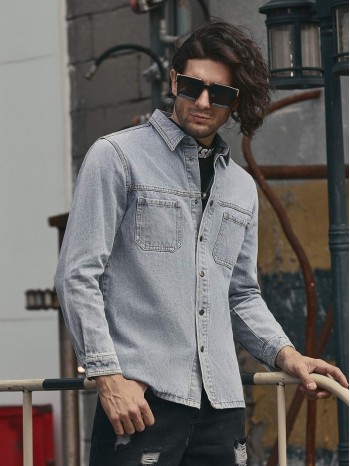 Men Pocket Front Button Up Denim Shirt