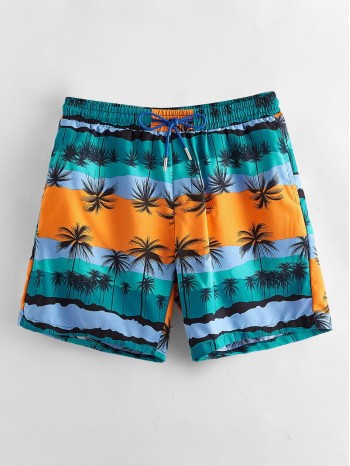 Men Palm Tree Drawstring Swim Trunks